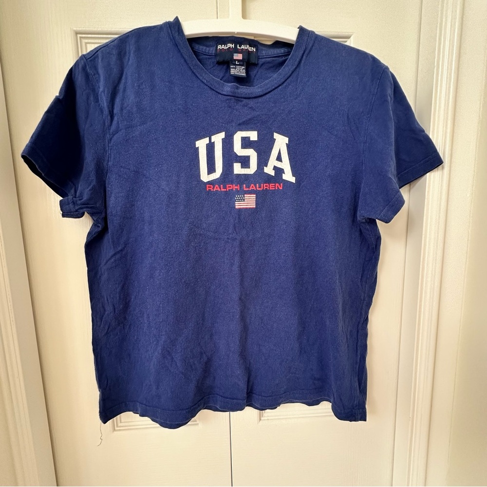 Vintage Ralph Lauren Men Cotton Made In USA Navy Polo Sport Tee S/M